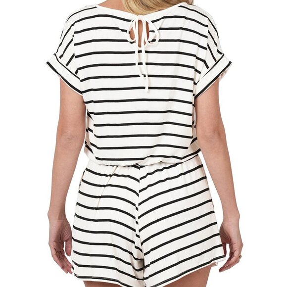 Zenana Premium Women’s Small Ivory-Black Stripes Summer Romper with Pockets - Picture 3 of 6